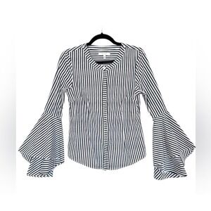 Milly Michelle Bell Sleeve Blouse Women Charcoal White Striped Statement Cotton